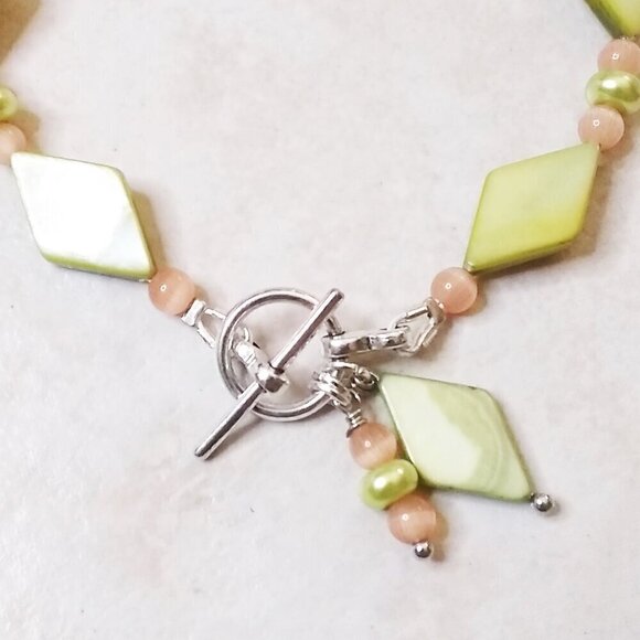 Charteuse & Tangerine! Beaded Bracelet: Shell Crystal CatsEye Faux Pearls 6.5-7" - Picture 5 of 10